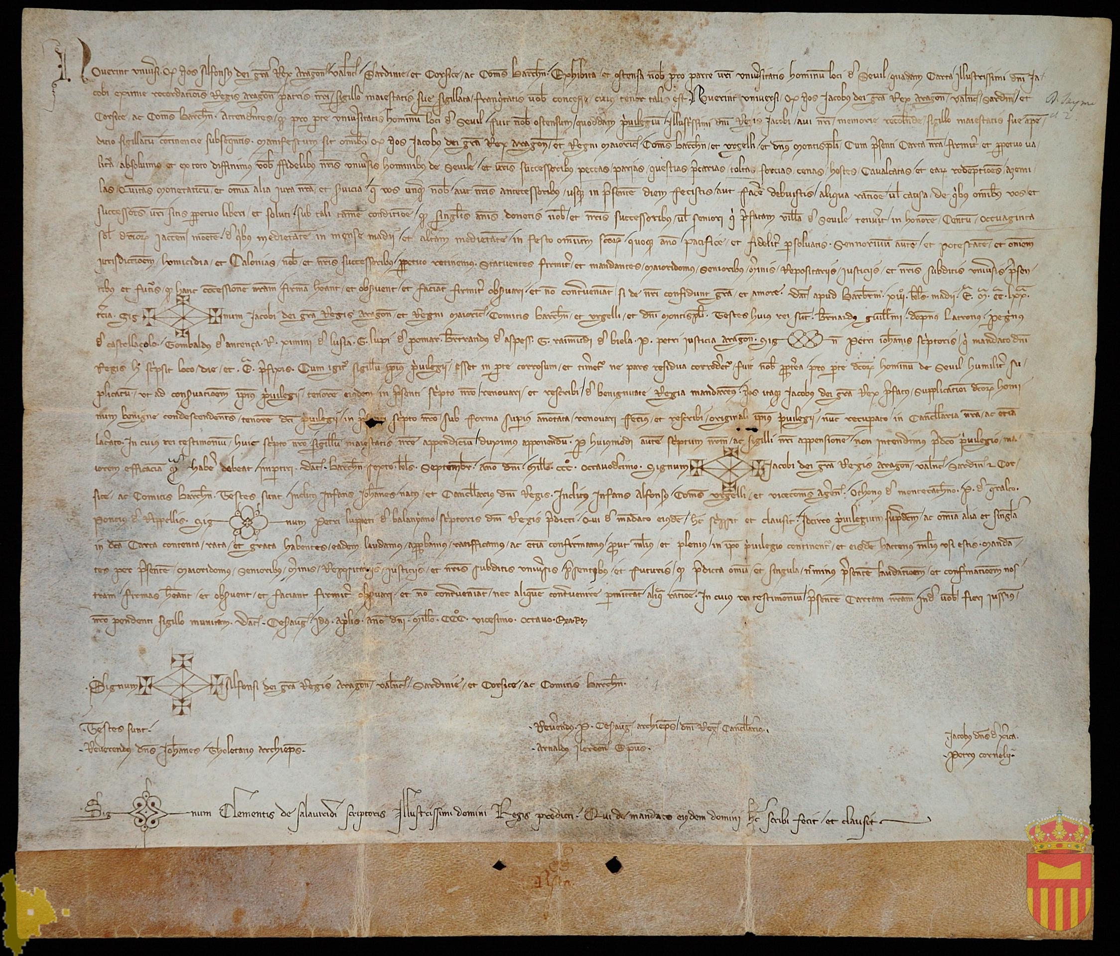 Confirmación por Alfonso IV y Jaime II del privilegio real otorgado por Jaime I a los habitantes de Sevil por el que les exime de impuestos a cambio de un censo anual de ciente ochenta sueldos
